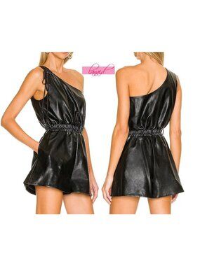 Lovers Friends Taina Romper Black Faux Leather One-Shoulder Edgy Gothic Jumpsuit